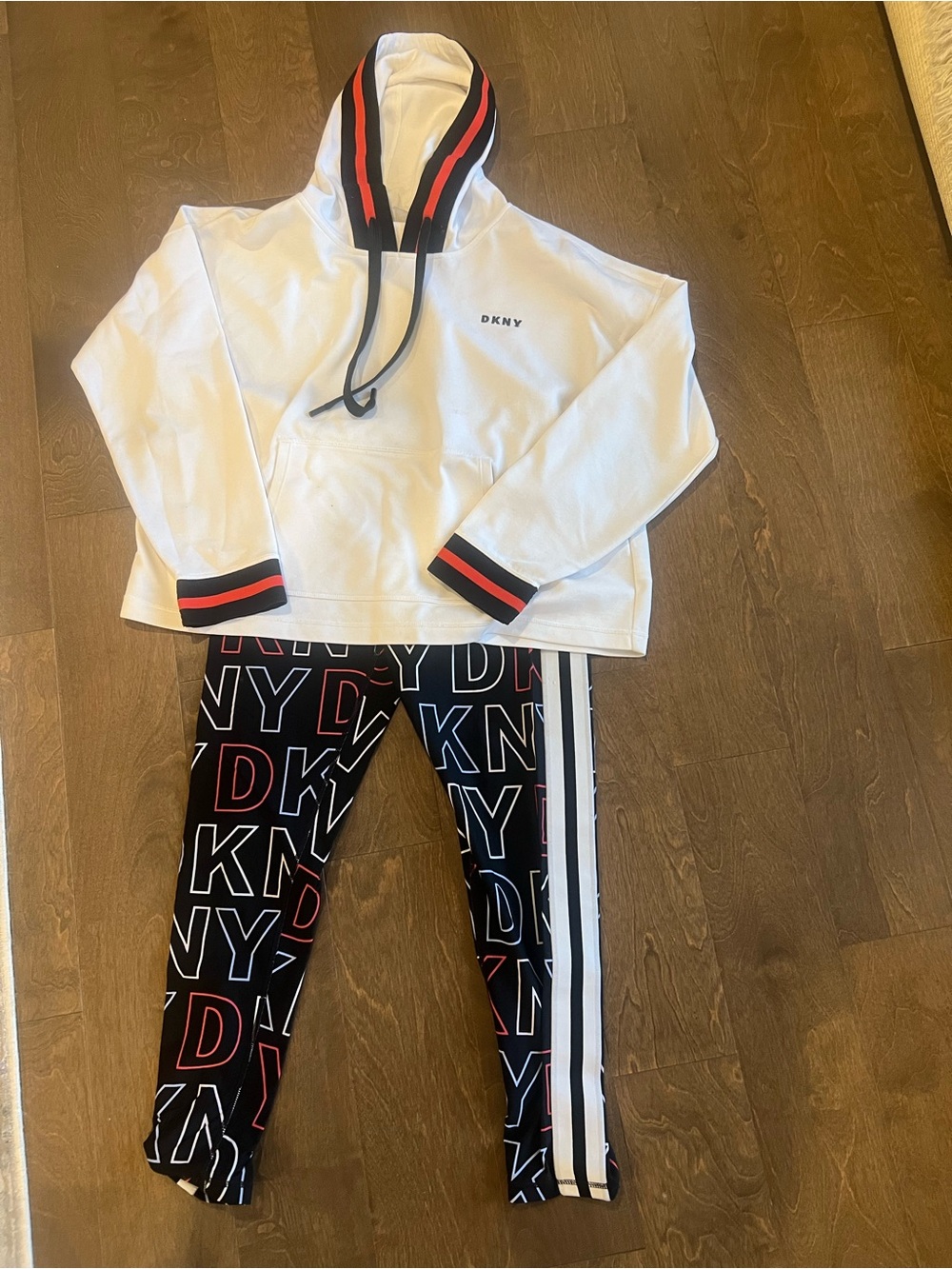 Dkny White Hoodie with Black Logo & Black DKNY Print Leggings